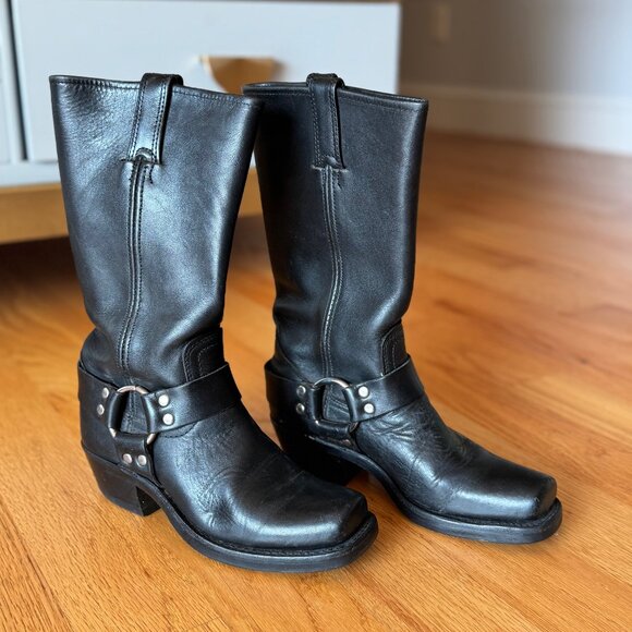 Frye Tall Leather Harness Boots Black Women’s Size 6.5 - Picture 2 of 5